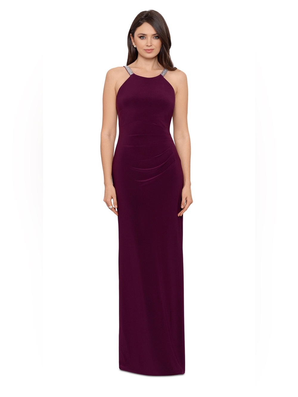Betsy & Adam Women's Halter-Neck Rhinestone-Strap Gown